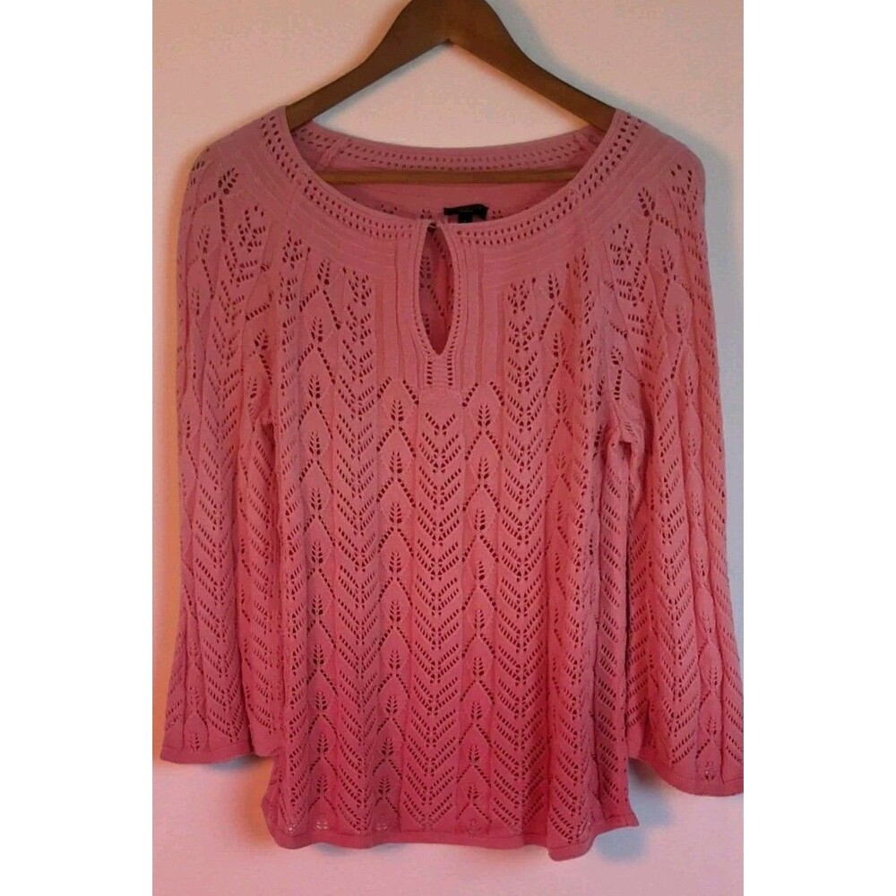 Talbots Open-Knit Sweater Large Soft Pink Coral Ombre Keyhole Feminine Romantic
